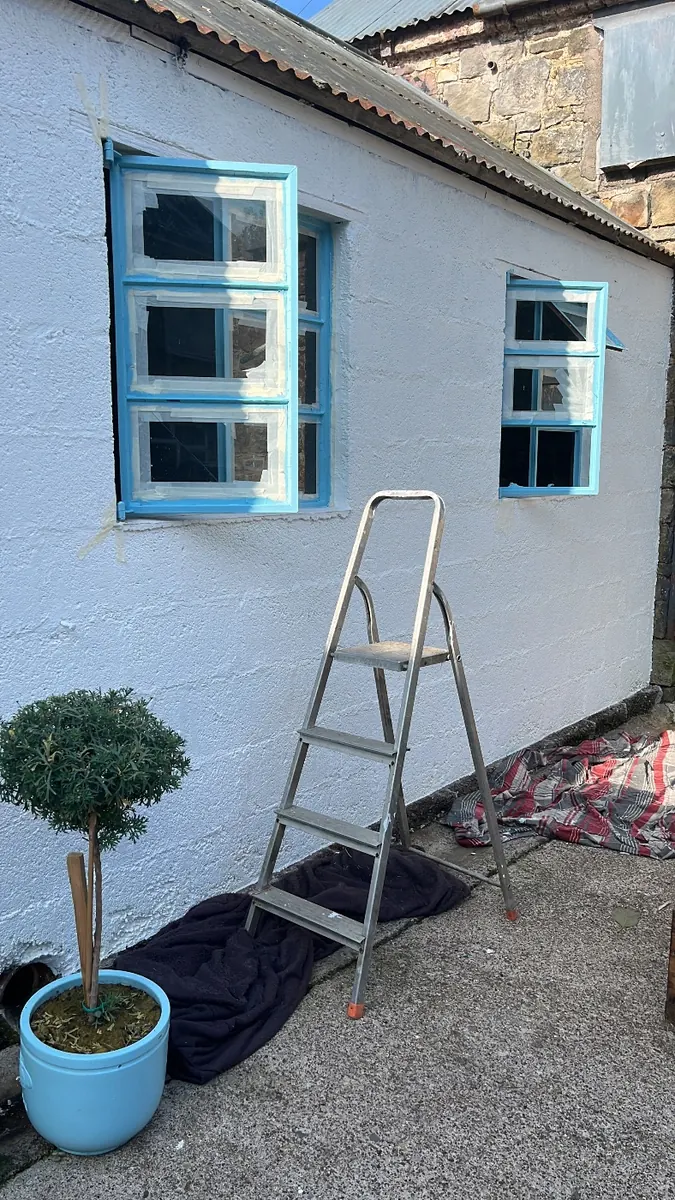 New window frames painted duck-egg blue, with a stepladder against the wall