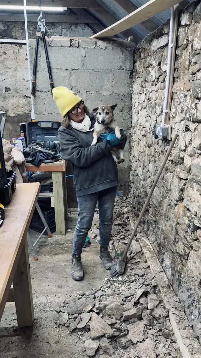 Clearing out inside, with the farm dog close by